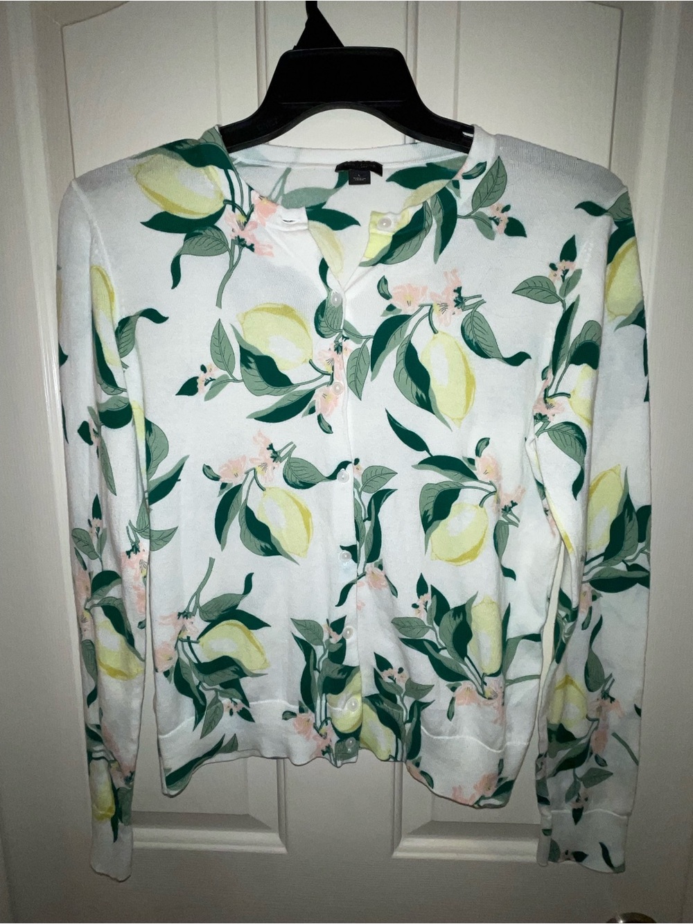 Ann Taylor Factory Flower Lemon Print Cardigan Sweater Women’s L Lightweight